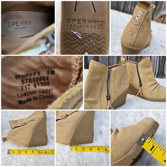 Ruched Suede Ankle Wedge Boot Sperry Harper Kara Bootie Size 8 Tan Leather Zip - Picture 7 of 13